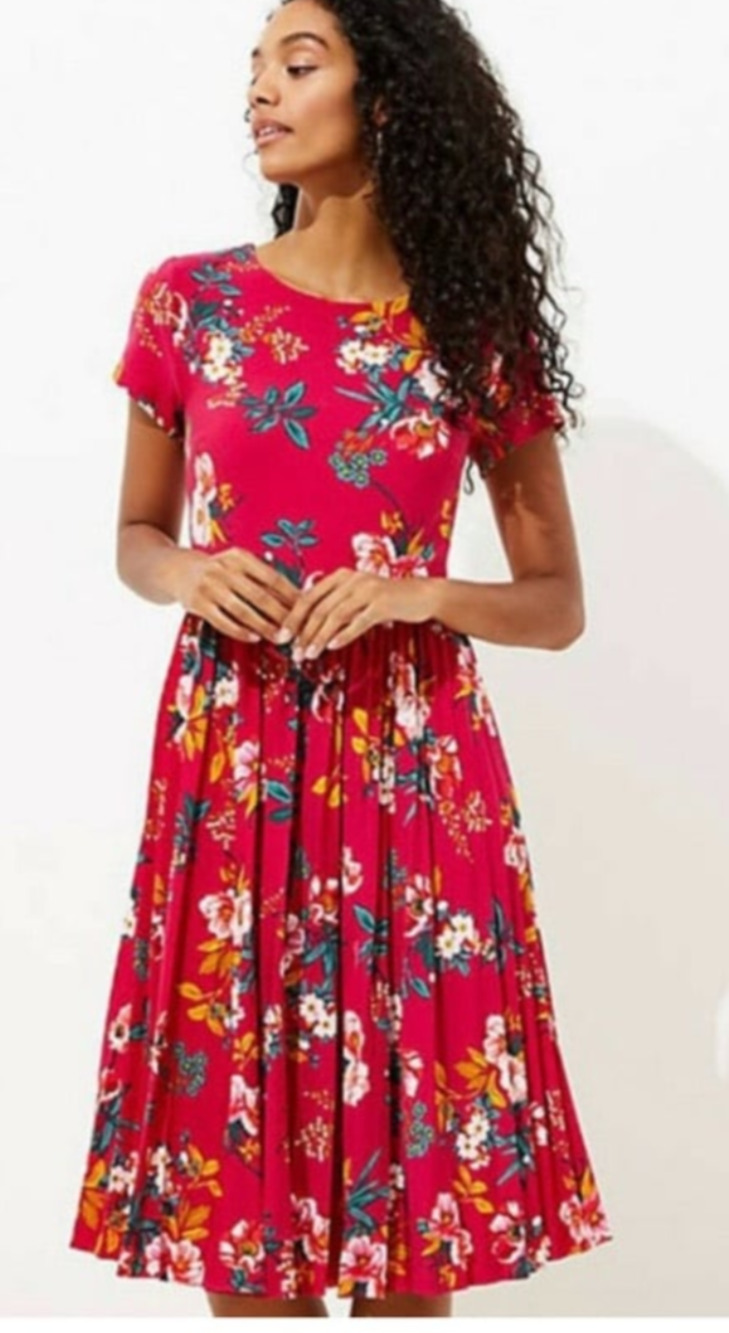 Loft Pink Floral Short Sleeve Pleated Dress